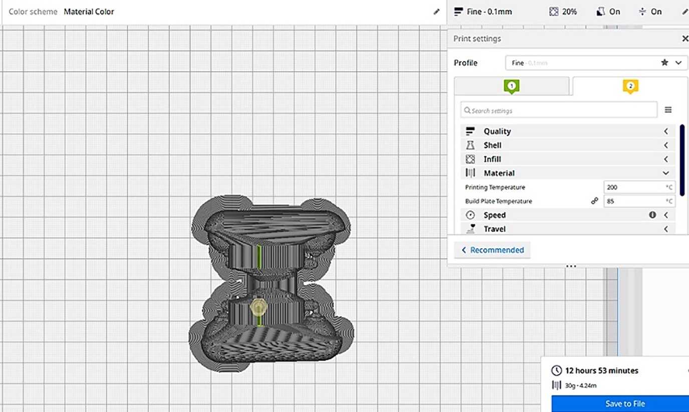 Figura 7. Emulación virtual de prototipado. Se empleó Ultimaker Cura Versión 4.6.1. Fuente: elaboración propia.
