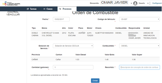 Figura 5. Interfaz web orden de combustible Fuente: Sebastián Quevedo y col. 2016 